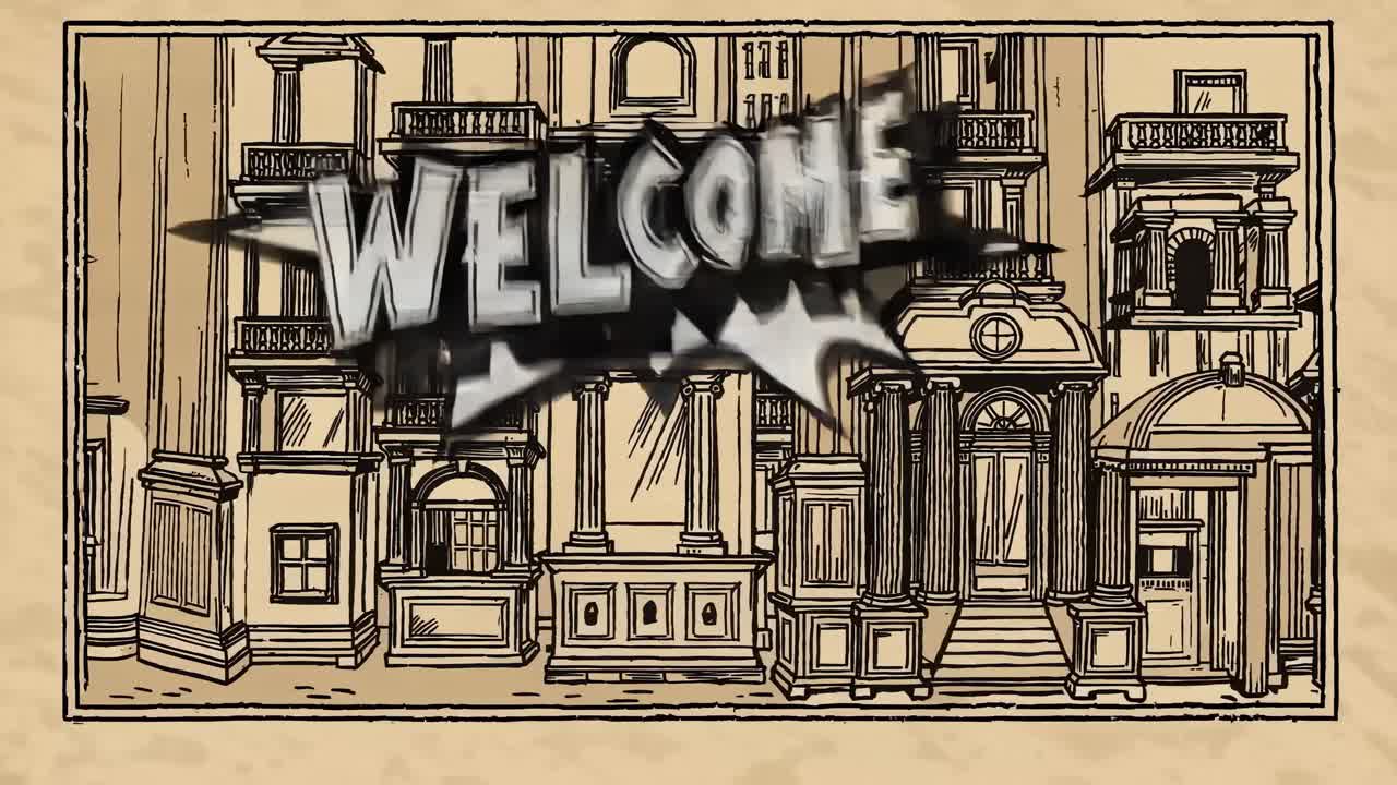Comic-style video intro with a cityscape background and 'Welcome' in bold, dynamic lettering