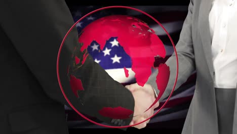 animation of globe over american flag and businessman handshake