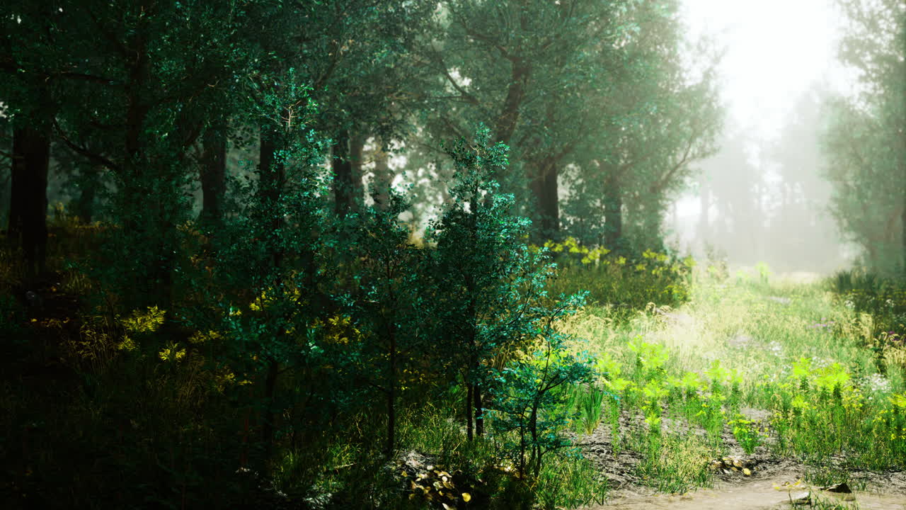 Sunlight filters through trees in a lush forest during early morning hours