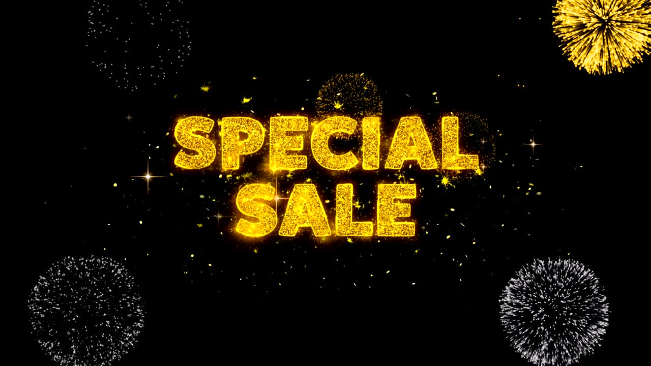 스페셜 세일 텍스트는 반이는 황금 입자 불꽃놀이를 보여줍니다.