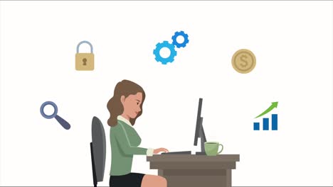 elegante mujer de negocios trabajando en el escritorio con iconos de negocios