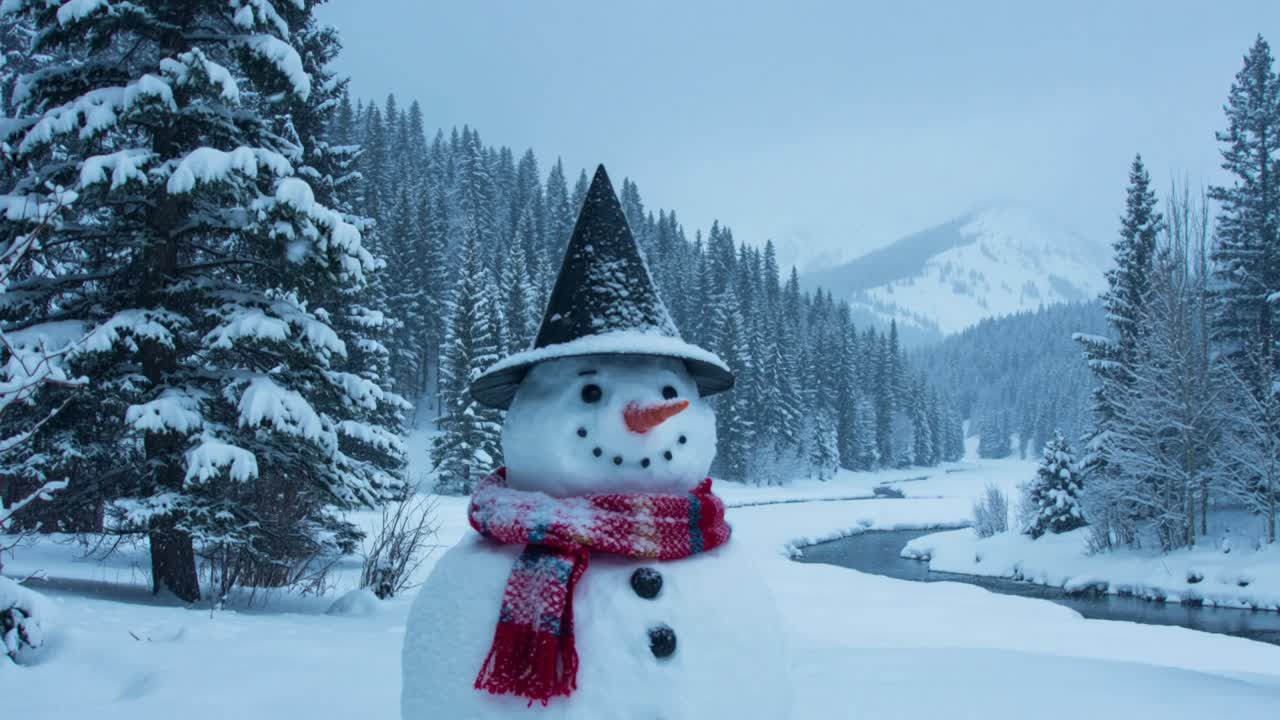 Standing snowman wearing black hat, scarf on fresh snow in valley, with river, fir trees, peak