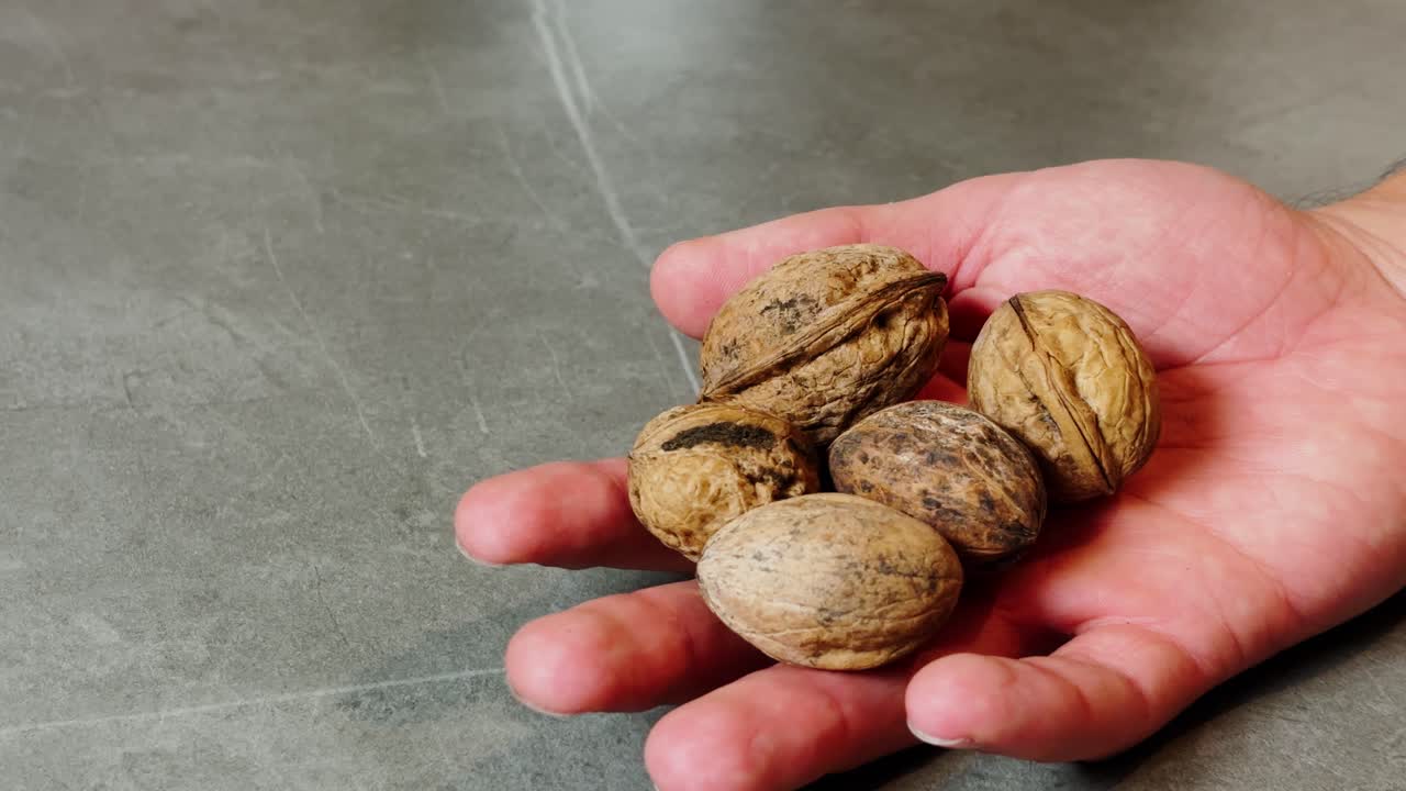 A hand holding whole walnuts in their shells, showcasing their natural texture and nutritious qualities. Perfect for illustrating healthy eating, protein-packed snacks, and wholesome food.