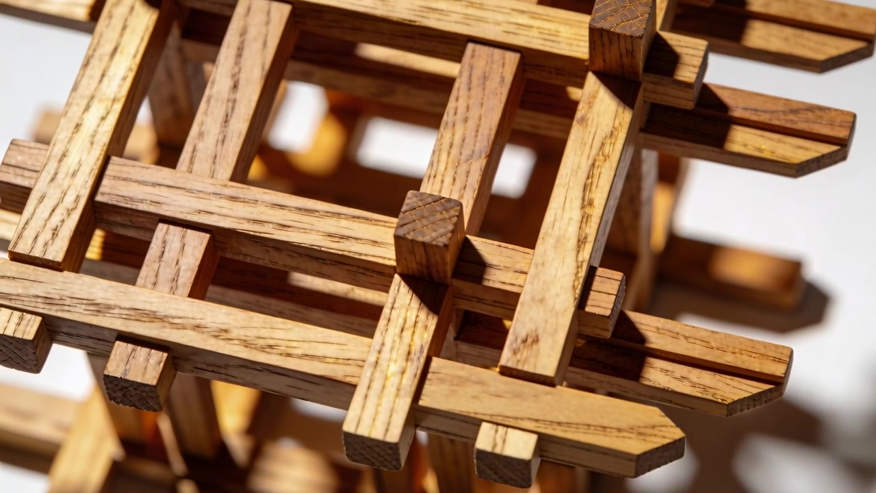 Telecamera che si inclina rivelando un reticolo di legno impilato su un tavolo bianco per mostrare profondità stratificata e ombre.