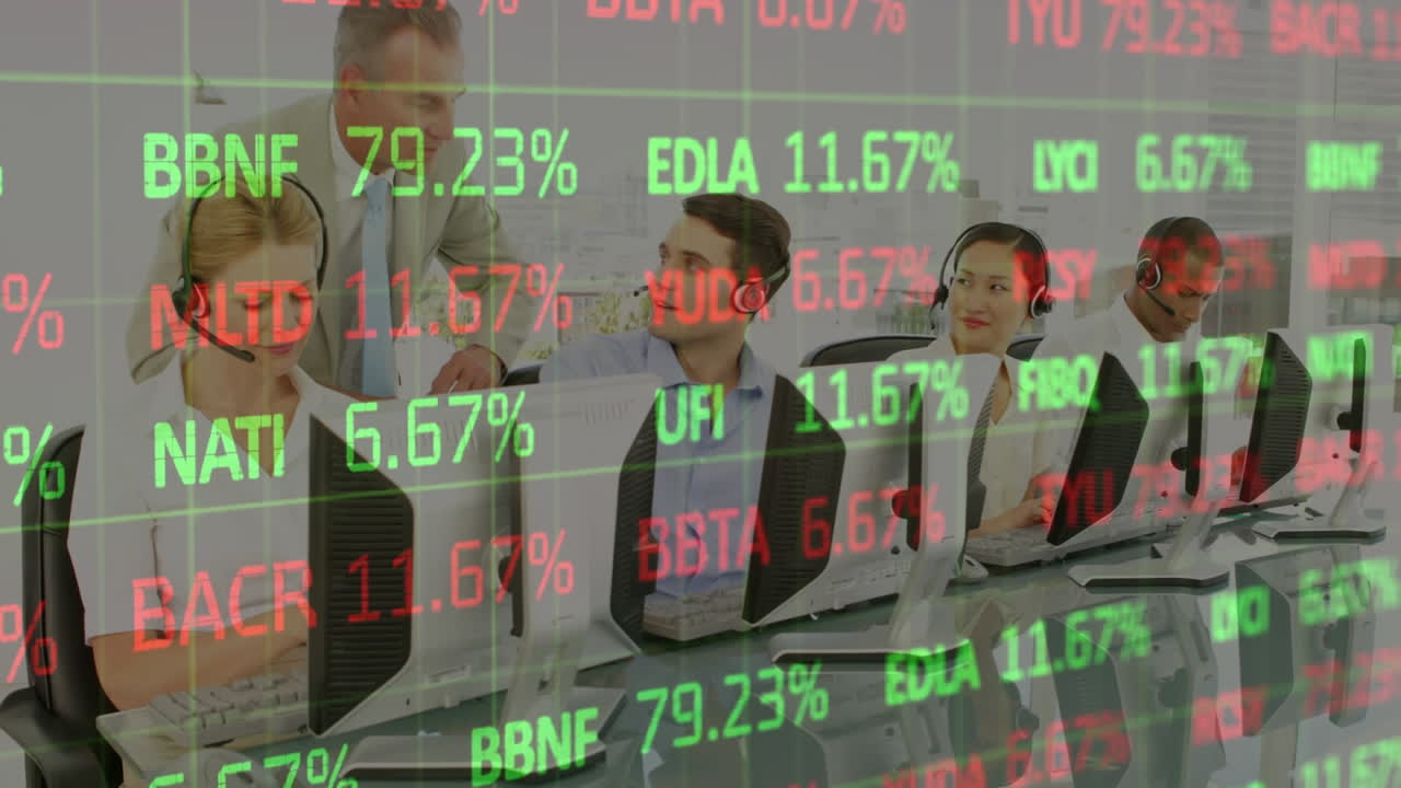 Animasjon av statistikk og databehandling over forretningsfolk som bruker telefonhodesett.