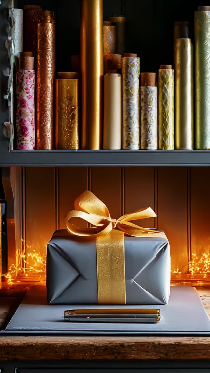 Una confezione regalo splendidamente incartata con nastro dorato circondata da carte da regalo colorate in un ambiente accogliente, valorizzata da un'illuminazione soffusa e una calda luce
