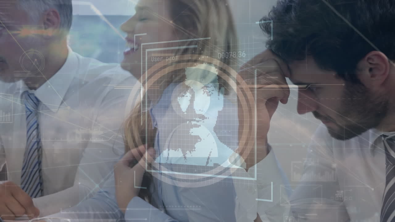 animación de fotos, paisajes y redes sobre personas de negocios en la oficina.