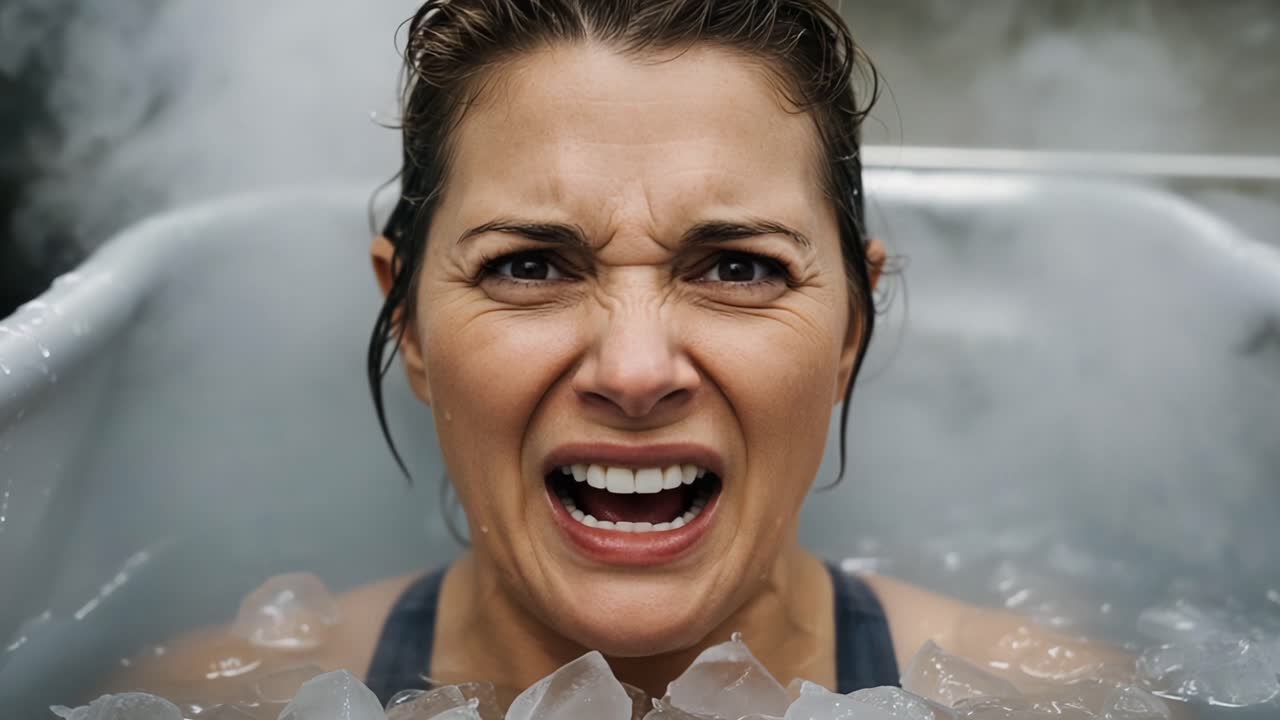 A Woman's Intense Reaction During an Icy Cold Therapy Session Captured in Two Frames, Expressing the Physical Challenges of Cold Exposure