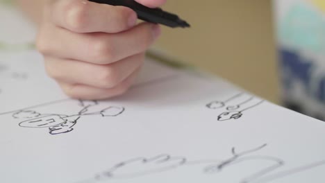 closeup of a kid doodling on a white paper with a black marker