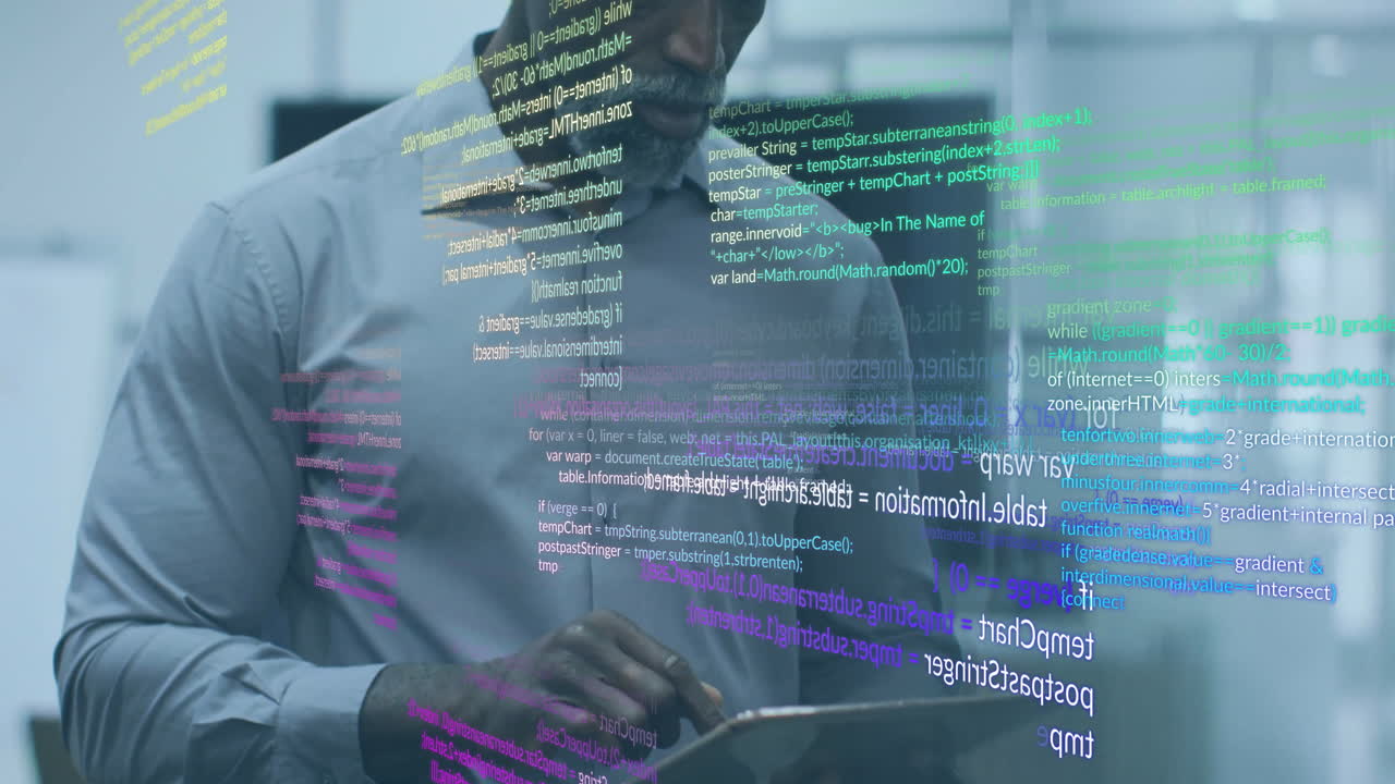 Animation of data processing over african american businessman using tablet