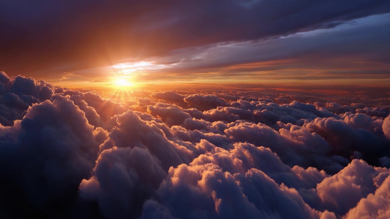 Um pôr do sol deslumbrante ilumina as nuvens de cima, projetando raios dourados pelo céu expansivo e criando uma vista deslumbrante para todos apreciarem.