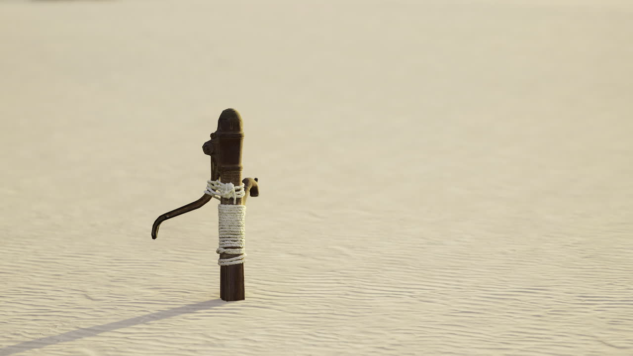 Rusty water pump stands alone amidst endless golden sand dunes at sunset