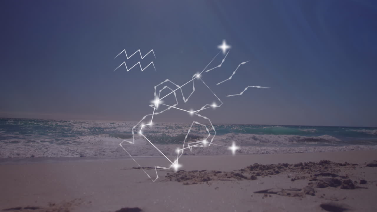 animación del signo estelar de acuario con estrellas brillantes sobre el mar y la playa.