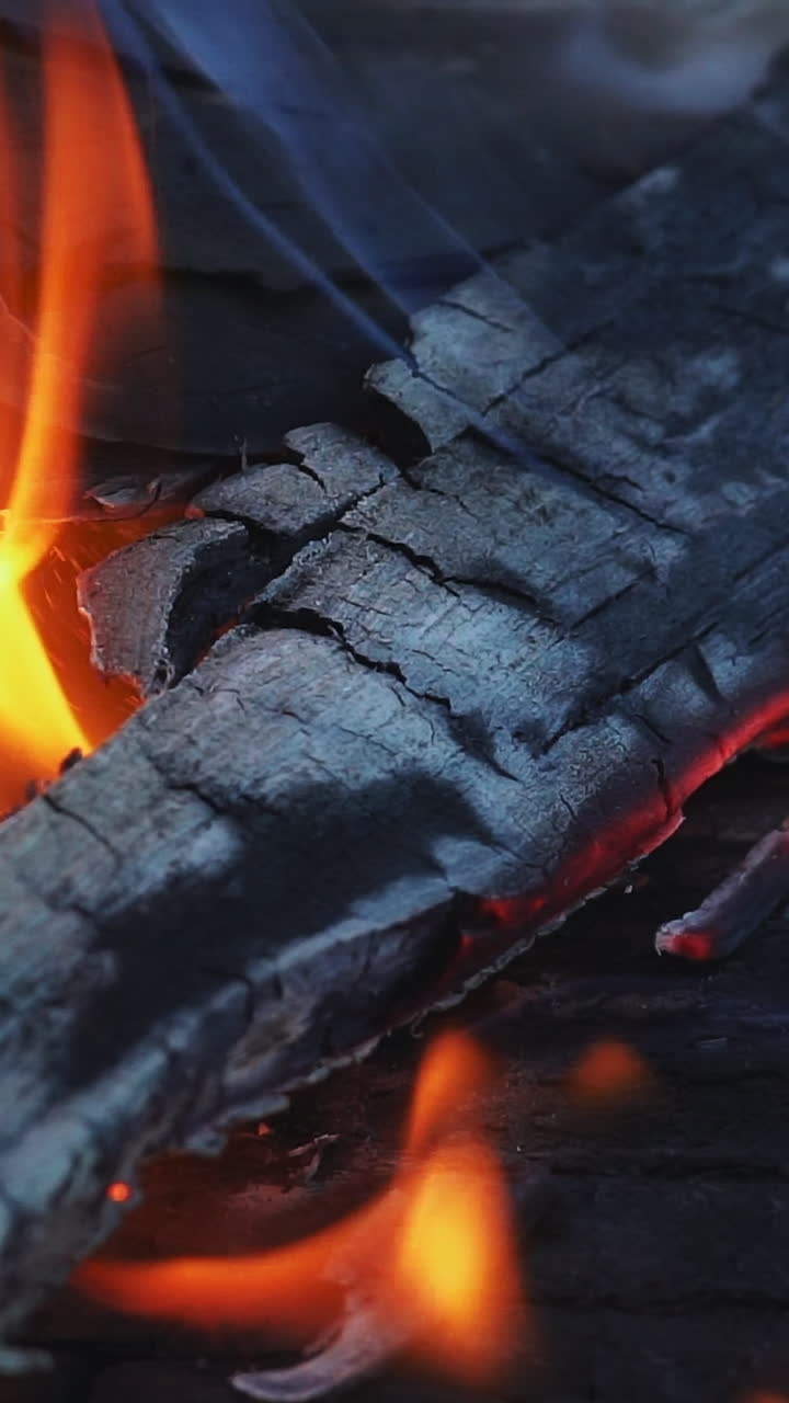Burning fire. In the fire burn wood chips trees. Campfire camp fire summer burning fire. Vertical video