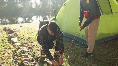 camping, tent and friends setup in nature