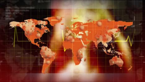 animación de un mapa del mundo con células de covid-19 en continentes sobre un monitor de latidos cardíacos en el fondo