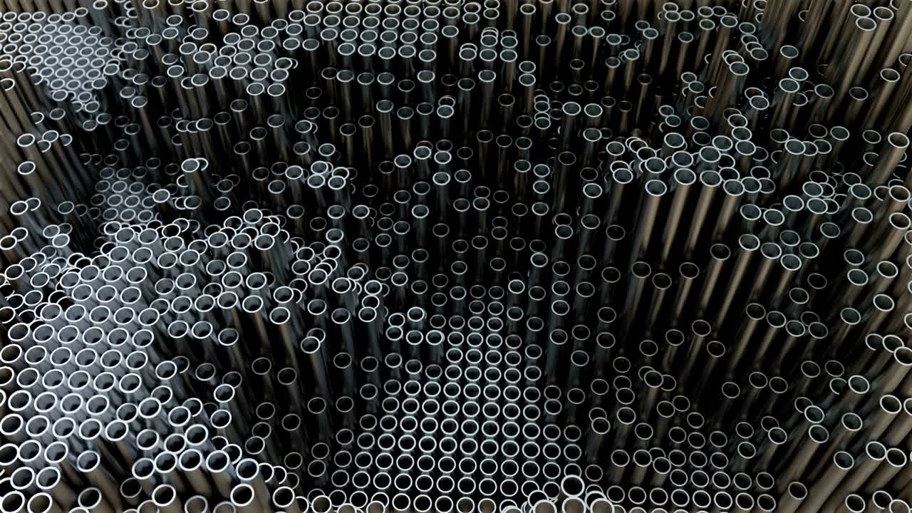 3d 일러스트레이션: 강철 파이프의 벽, 무작위로 위치