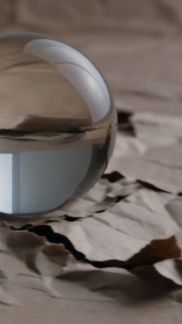 Vertikal video: Rullande glaskula efter en knuff, rör sig över skrynkligt papper som visar reflektioner.