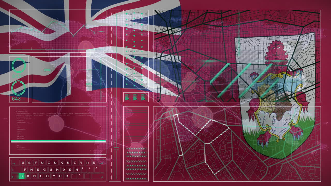 Union Jack and Bermuda flag over digital map and data interface animation