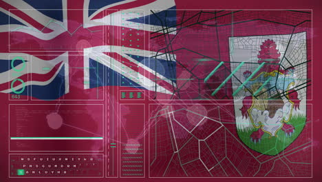 union jack and bermuda flag over digital map and data interface animation