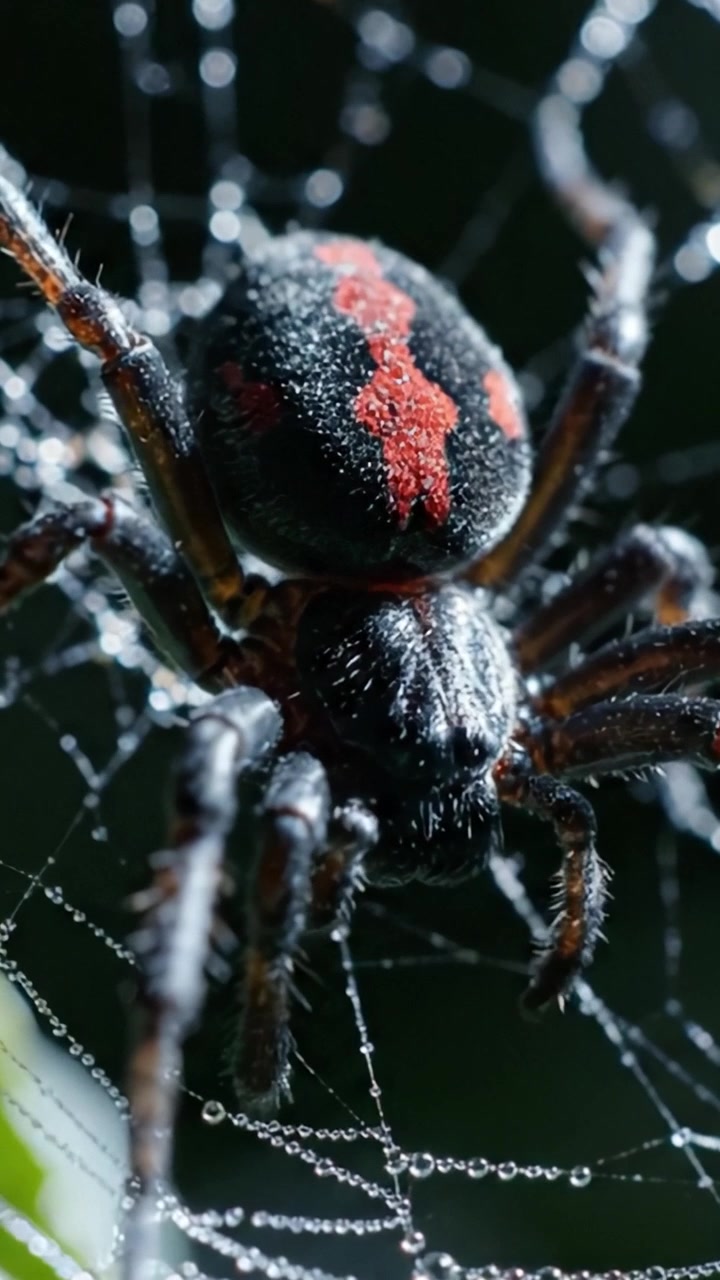Primo piano di un ragno nero con macchie rosse su una ragnatela scintillante, che mostra dettagli intricati e bellezza naturale in alta definizione.