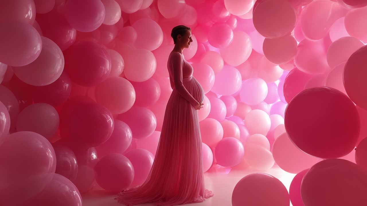 A Beautiful Expectant Mother Embracing Pregnancy Surrounded by Soft Pink Balloons in a Stylish and Whimsical Setting, Celebrating the Joy and Anticipation of New Life