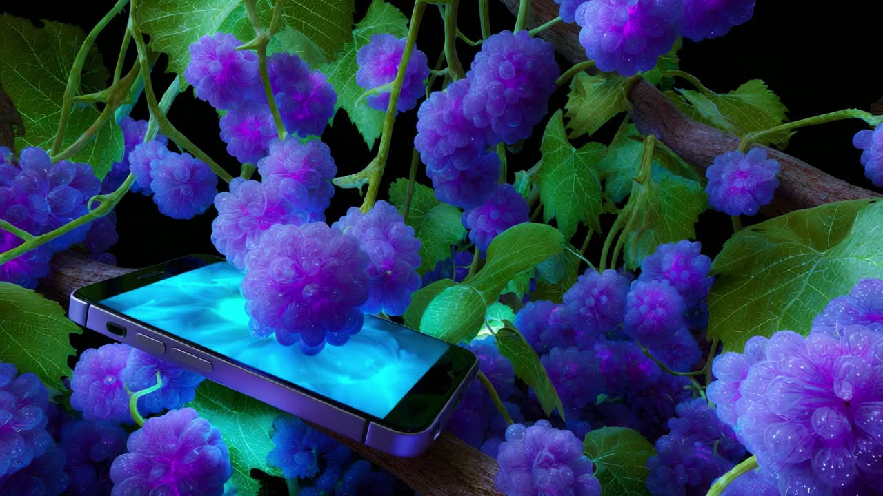 A Vibrant Display of Grapes Surrounding a Smartphone, Showcasing a Visual Harmony Between Nature and Technology in a Lush, Artistic Environment Embracing Fruity Colors and Digital Innovation