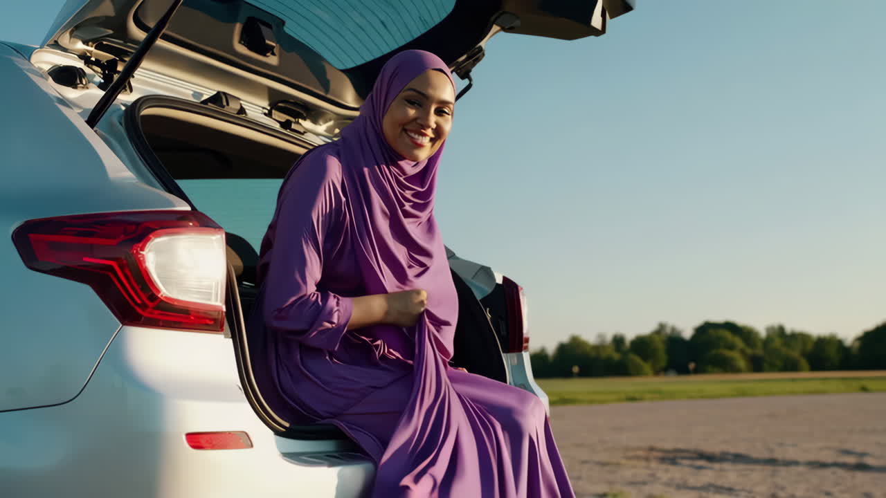 Happy Young Woman in Purple Hijab Sitting in Car Trunk