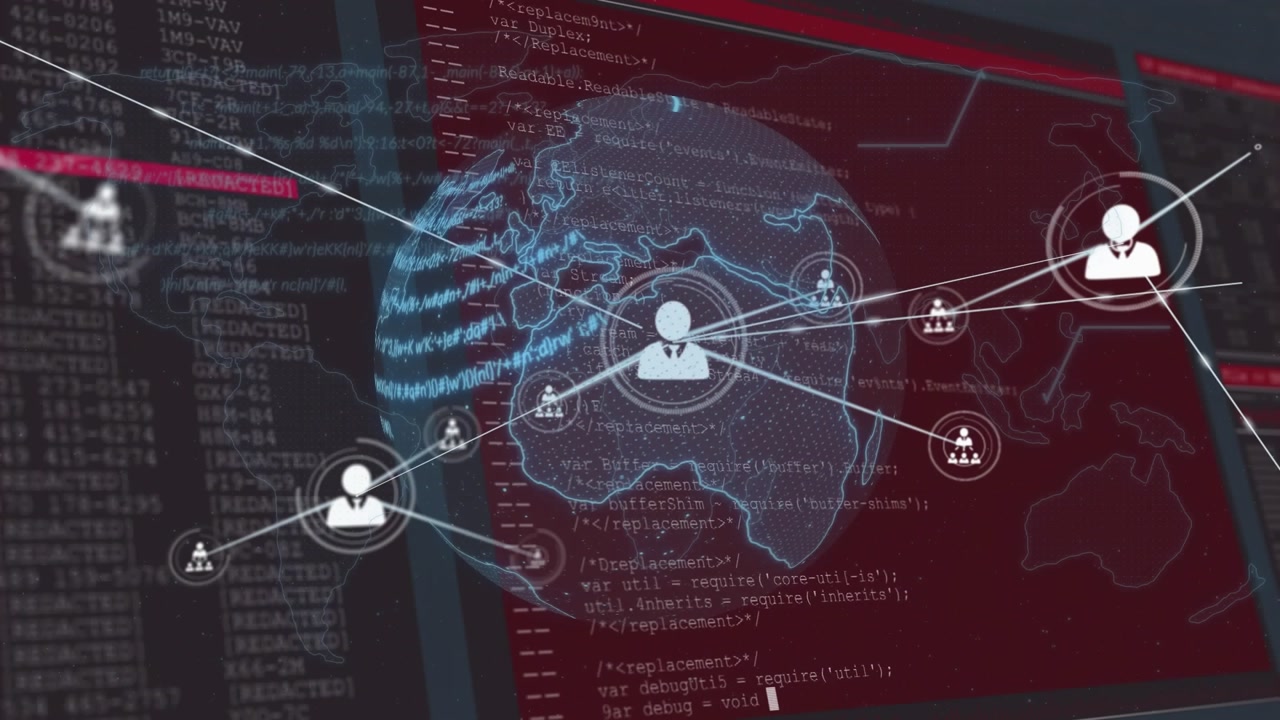 Animation of profile icons connected with lines and globe against map and programming language