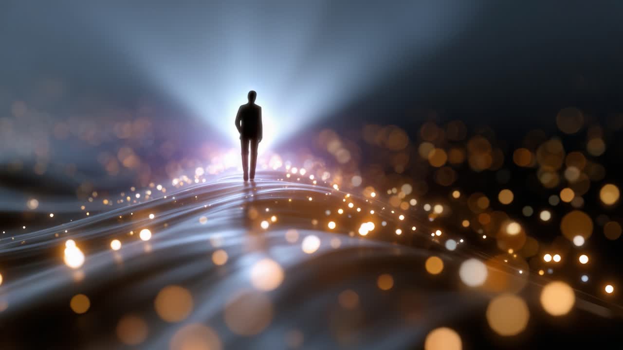 A solitary figure walks through an ethereal landscape illuminated by shimmering lights, creating a sense of wonder and introspection in this captivating image