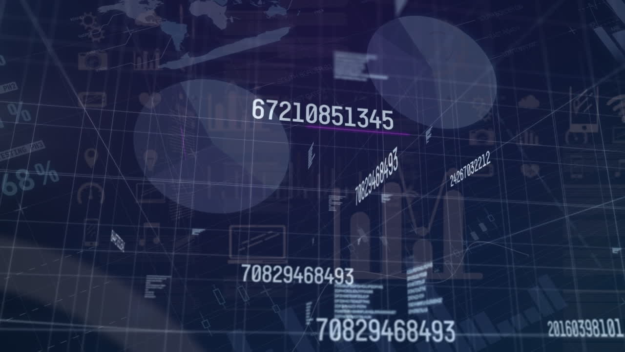 Animation of financial data processing on blue background