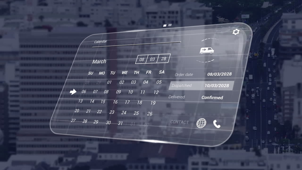 Animation of digital interface with icons and data processing over cityscape