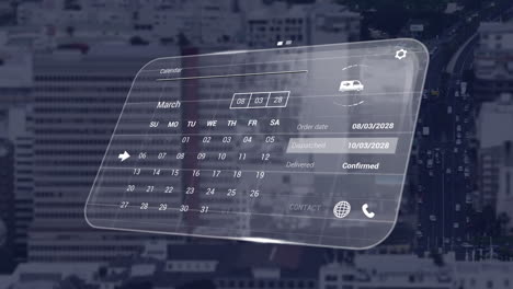 animación de la interfaz digital con íconos y procesamiento de datos sobre el paisaje urbano