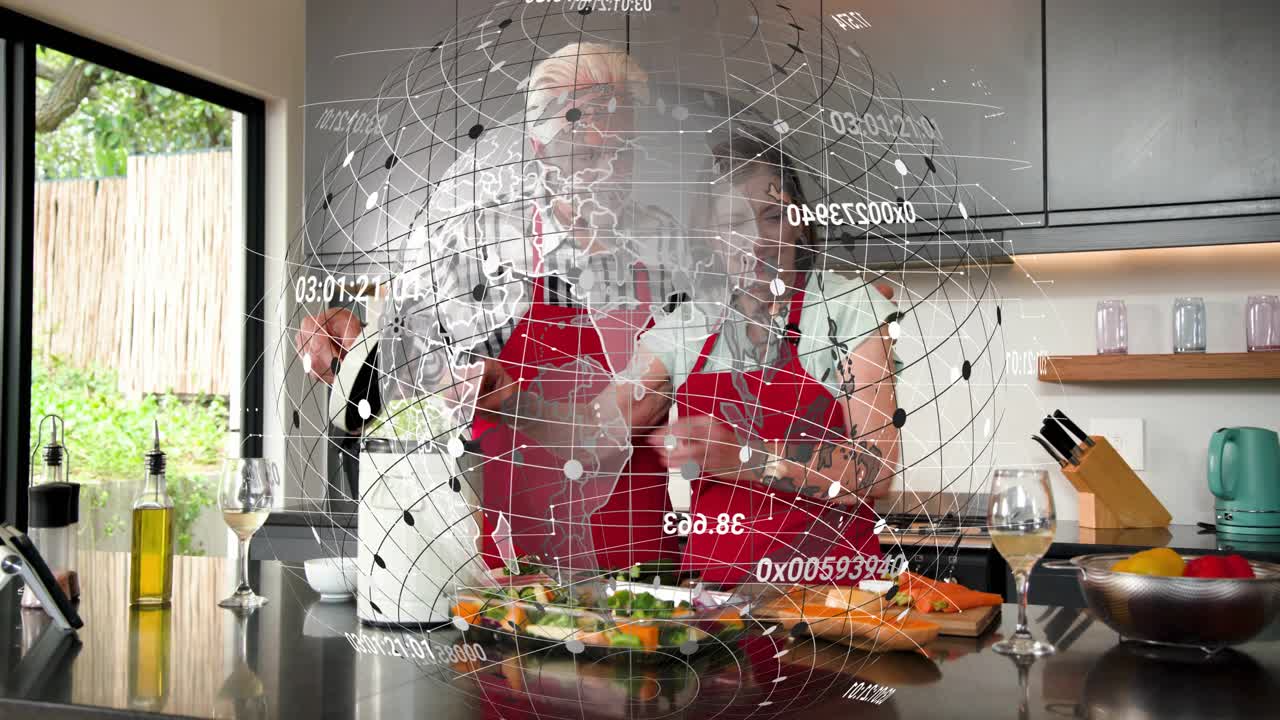 Seniors cooking with tablet, man lifting lid and she cutting veg, globe overlay growing over island