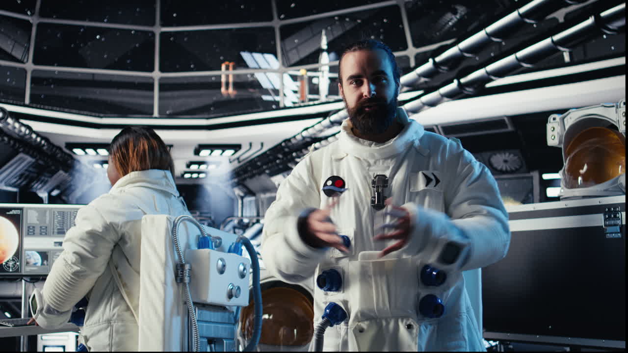 Astronaut waves hand during videocall with Earth command center