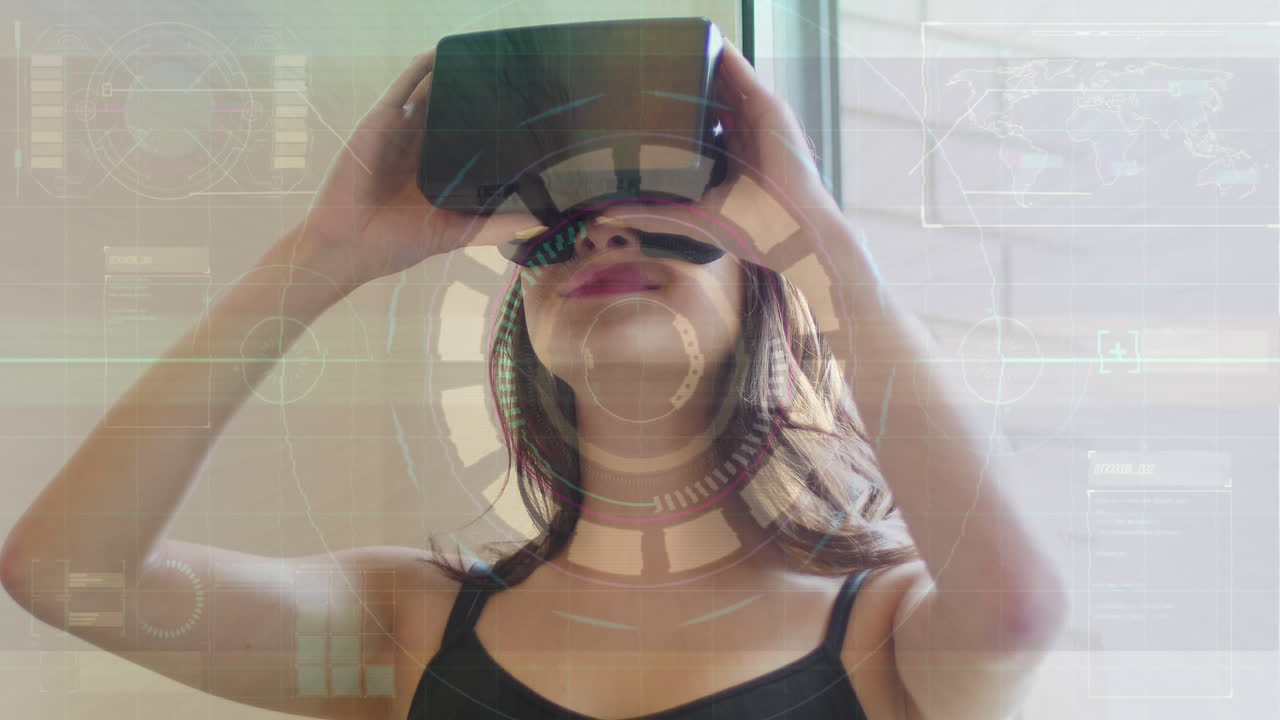 animación del escaneo del alcance sobre la mujer usando auriculares vr