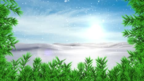 Animation-of-fir-trees-branches-over-winter-landscape