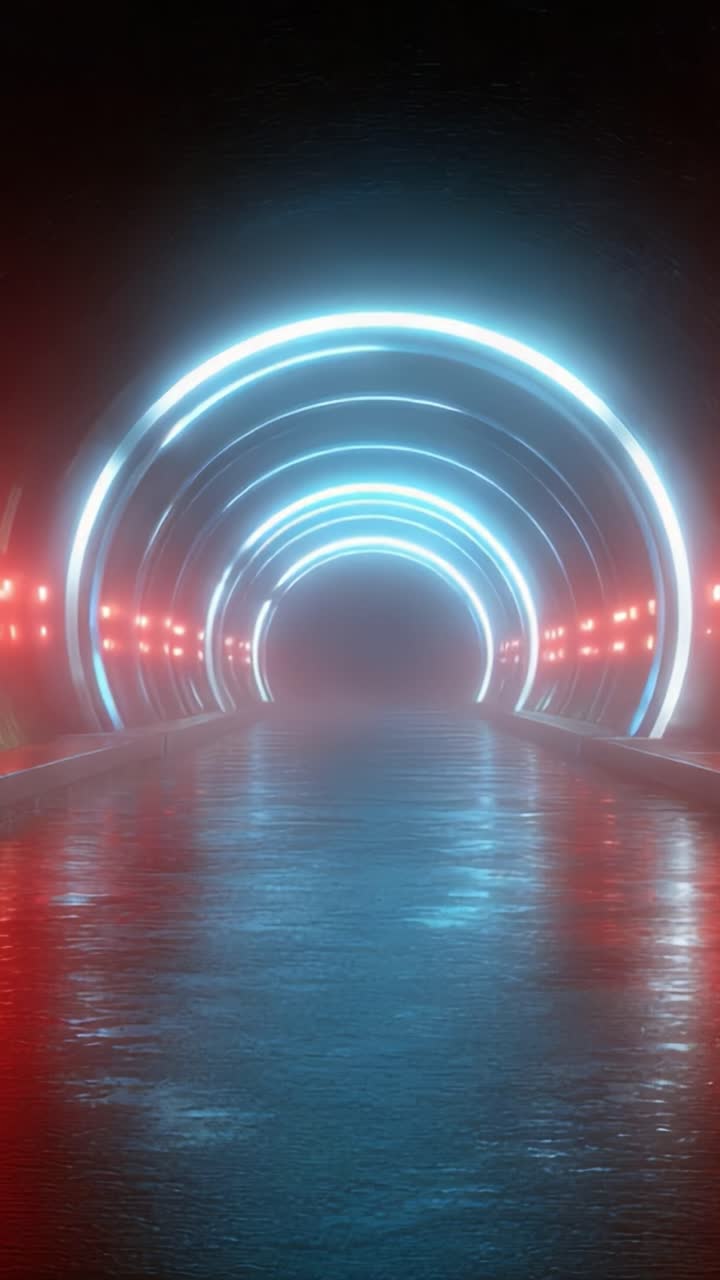 Un tunnel futuristico e misterioso con luci blu e rosse brillanti che si riflettono su superfici bagnate, creando un viaggio enigmatico attraverso uno spazio ultraterreno