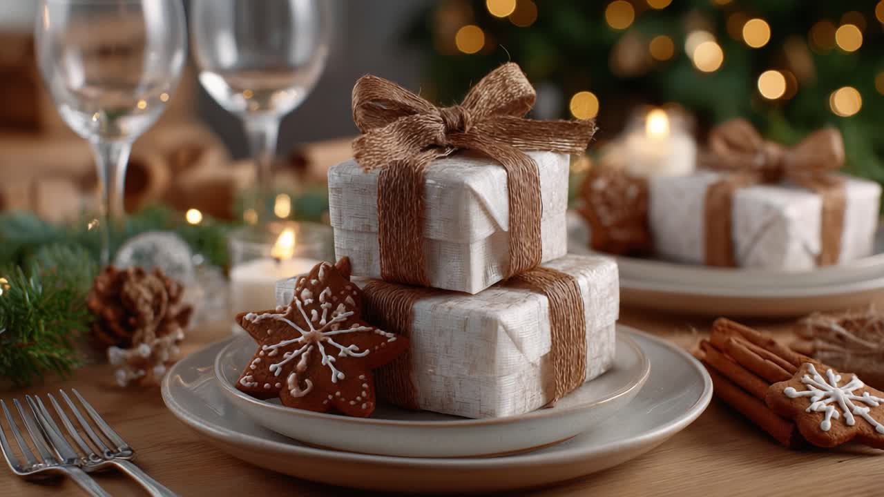 Festive Holiday Decor Featuring Beautifully Wrapped Presents, Delicious Gingerbread Cookies, and Elegant Table Setting with Luminous Background Lights