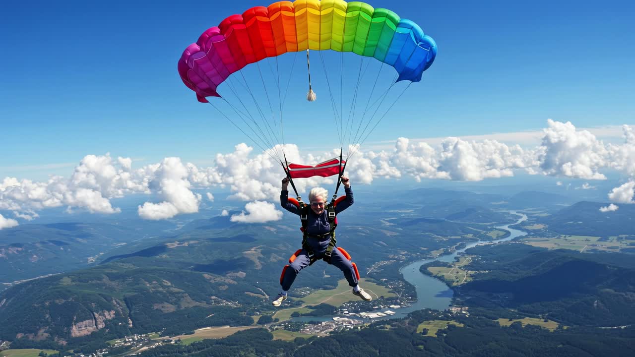 A skilled skydiver elegantly descends, using a vibrant rainbow parachute, while soaring above a breathtaking summer landscape