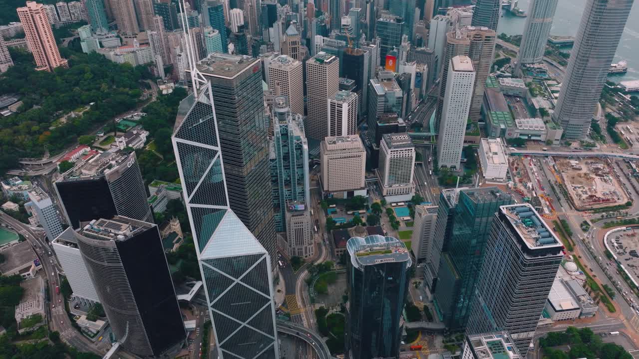 Top view of skyscrapers at Downtown in Hoi=ng Kong, China. Drone shot.