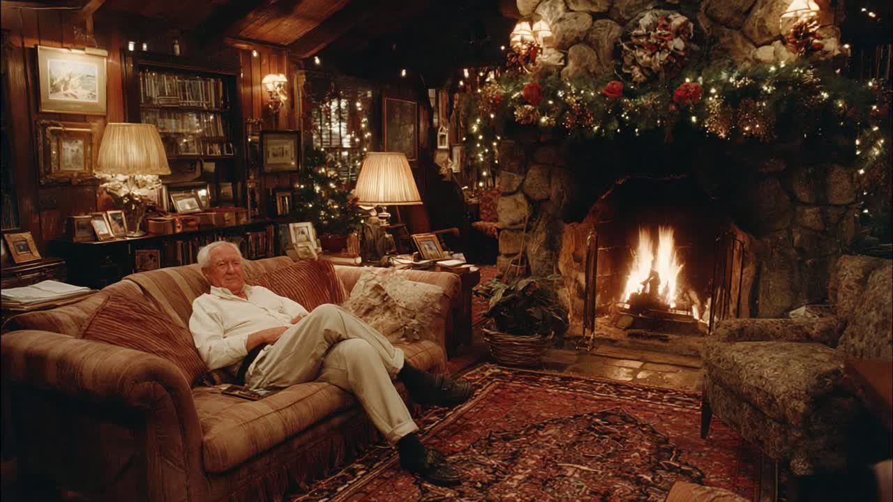 A Cozy Evening by the Fireplace: A Relaxing Scene Featuring Comfort, Warm Lighting, and Holiday Decor in a Charming Living Room Setting