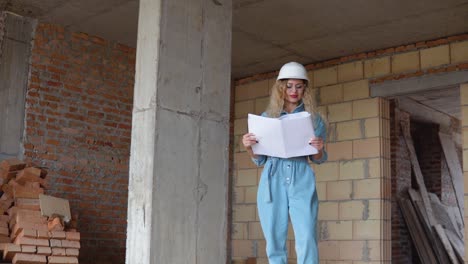 a young woman in a white work helmet and denim overalls and goggles stands at the construction site and holds a construction plan. builder, bricklayer, architect