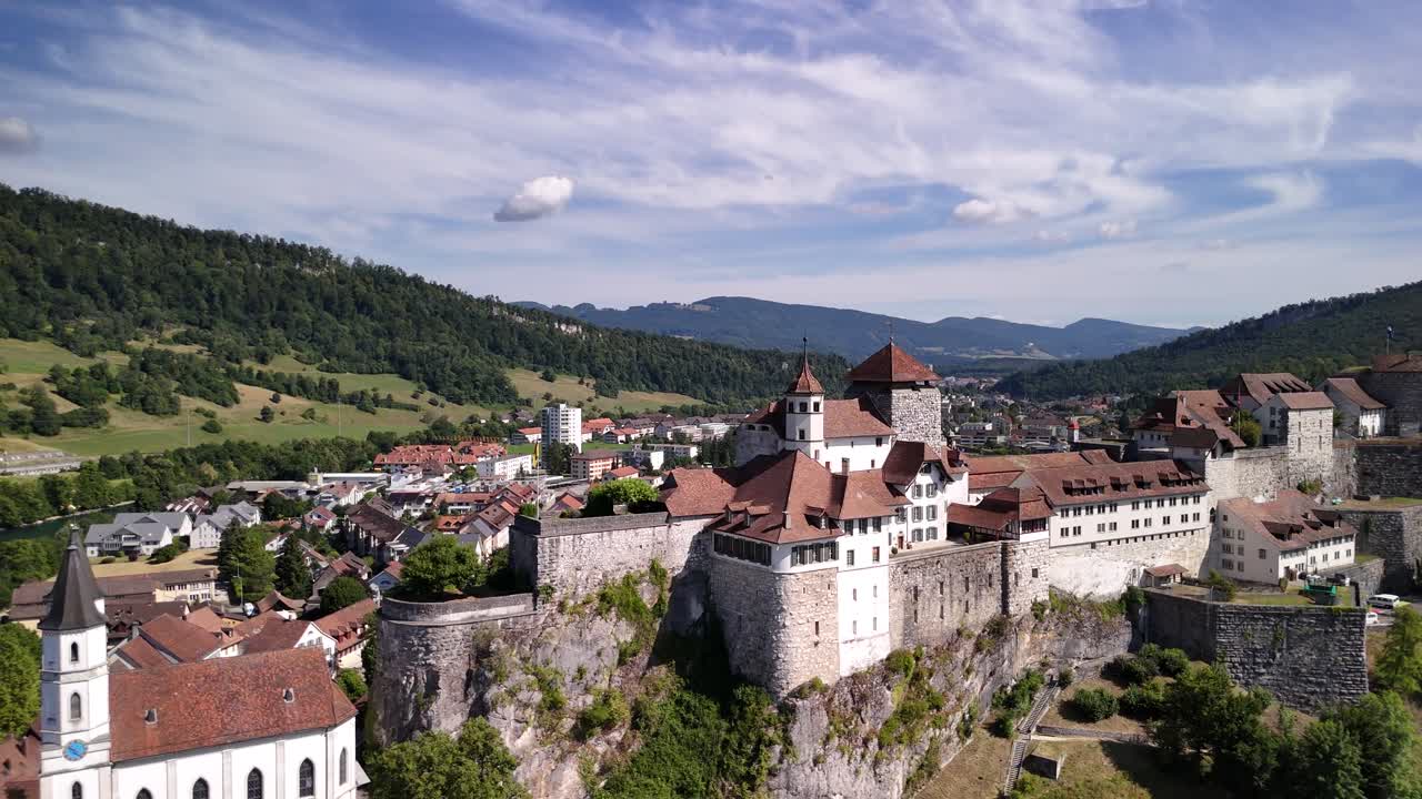 Aarburg reformed church and medieval castle Swiss Heritage site Switzerland town aerial drone