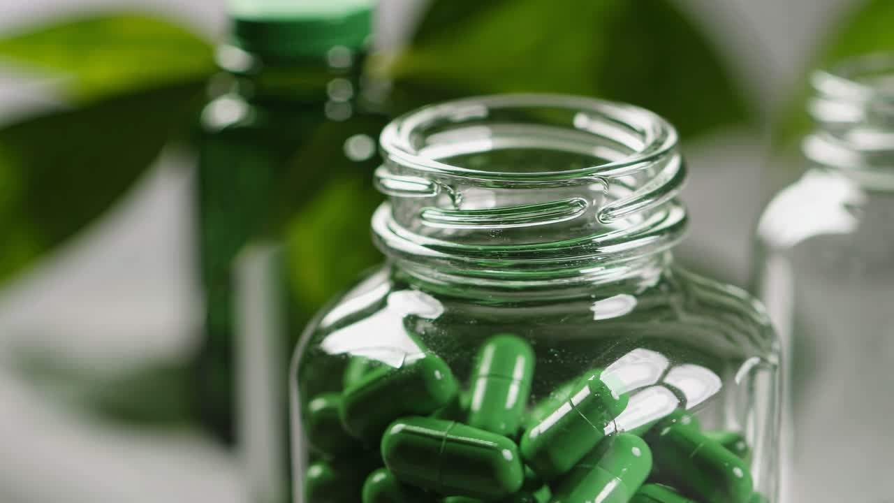 Green Capsules in a Glass Bottle