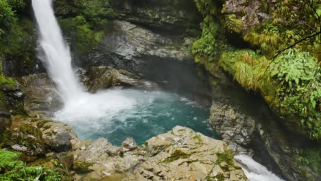 waterfall falling into small pool in jungle and flowing into stream in mountains of falls creek, new zealand