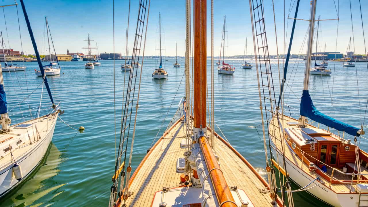 Dondolando per una piccola onda, la prua di una barca a vela in legno e l'albero verniciato si muovono leggermente in avanti in un porto calmo.