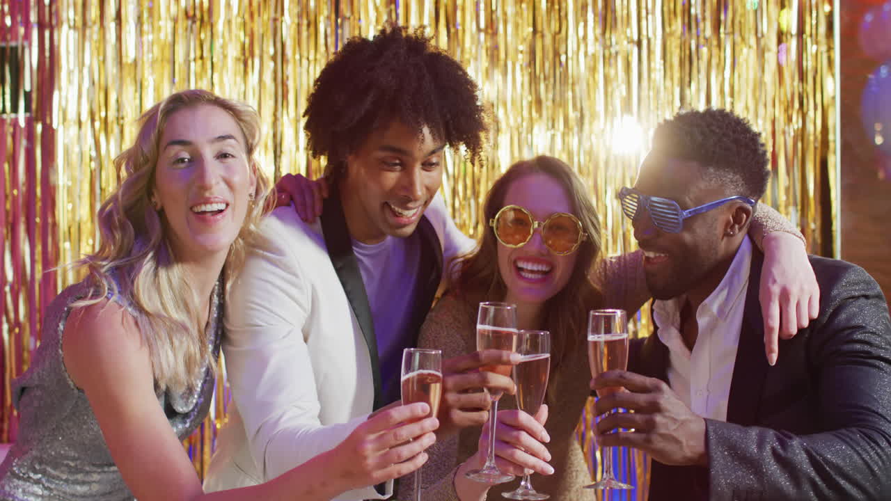 Videoportræt af fire glade, forskelligartede venner, der skåler med champagneglas på en natklub.