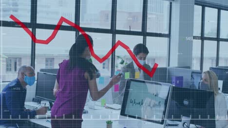 animación del procesamiento de datos financieros sobre diversas personas de negocios que llevan máscaras faciales en la oficina.