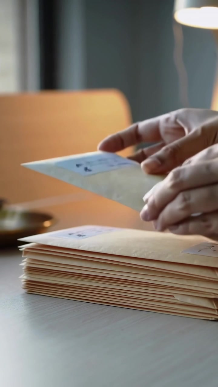 Vertical video: Placing envelope on stack, hands smoothing, sorting mail at desk in green cuff